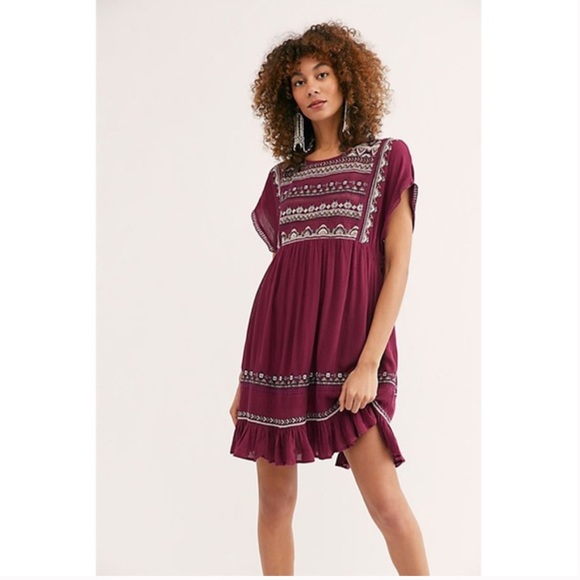 Free People Dresses & Skirts - Free People Sunrise Wanderer Embroidered Mini Dress in Plum